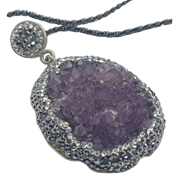 Raw Amethyst Sterling Silver Necklace Pendant 925 Druzy - Picture 1 of 16